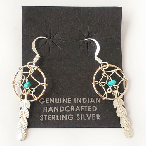 Zuni Native American Turquoise .925 Solid Sterling Silver Dreamcatcher Earrings