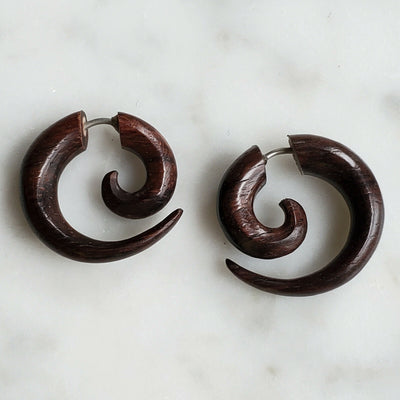 Small Spiral Double Sided Split Gauge Earrings Brown Wood