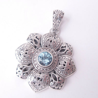 Blue Topaz Gemstone Pendant 925 Solid Sterling Silver Floral December Birthstone
