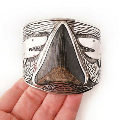 Megalodon Shark Tooth 925 Sterling Silver Mens Cuff Bracelet Fathers Day Gift