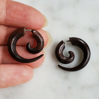 Small Spiral Double Sided Split Gauge Earrings Brown Wood