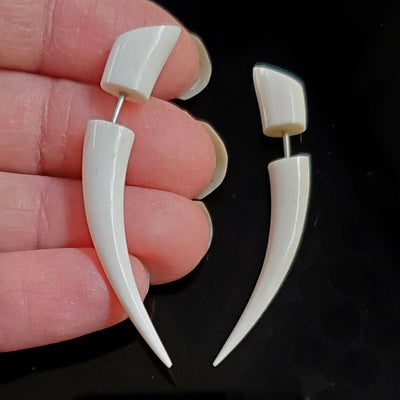 2" Carved White Bone Taper Fake Gauge Earrings Split Plug Tribal Jewelry