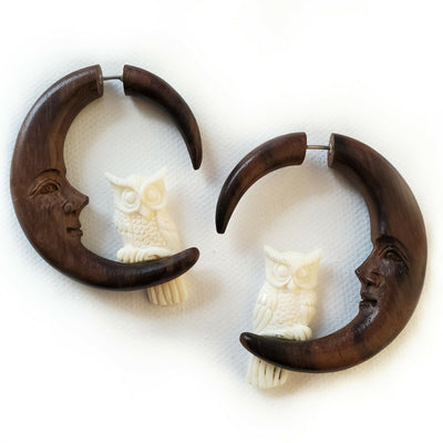 Owl on Moon Split Gauge Hoop Earrings Jewelry Gift Christmas Jewelry Gift