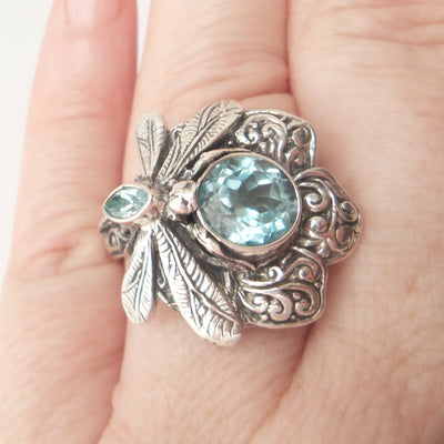 Dragonfly Ring Sz 7.5 Blue Topaz .925 Solid Sterling Silver Bali Christmas Gift