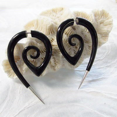 Spiral Silver Tip Fake Gauge Earrings Carved Black Horn Split Plug Tattoo Gift