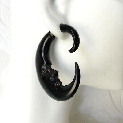 Carved Black Crescent Moon Split Gauge Double Sided Jacket Earrings Jewelry Gift