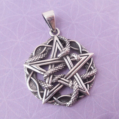 Pentagram Serpent .925 Solid Sterling Silver Pendant Snake Charm Gift for Dad