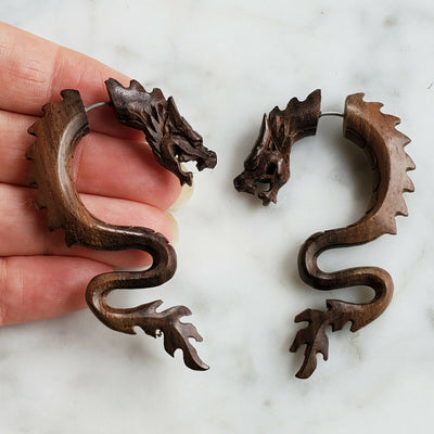 Dragon Fake Gauge Wood Earrings Split Plug