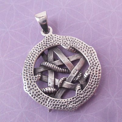 Pentagram Serpent .925 Solid Sterling Silver Pendant Snake Charm Gift for Dad