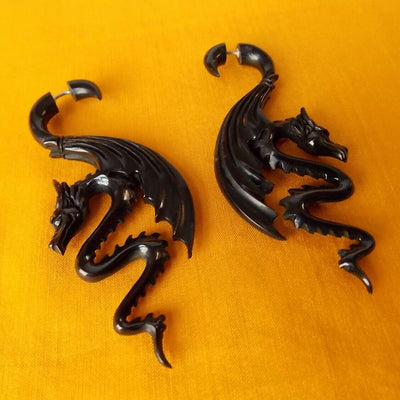 Carved Dragon Fake Gauge Earrings Split Plug Black Gothic Tattoo Jewelry Gift