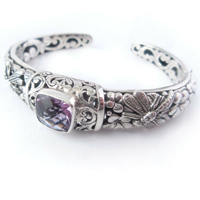 Amethyst Bracelet Solid .925 Sterling Bali Silver Dragonfly Cuff Jewelry Gift