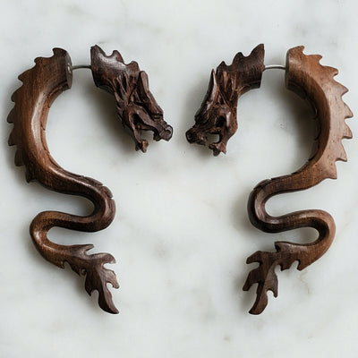 Dragon Fake Gauge Wood Earrings Split Plug