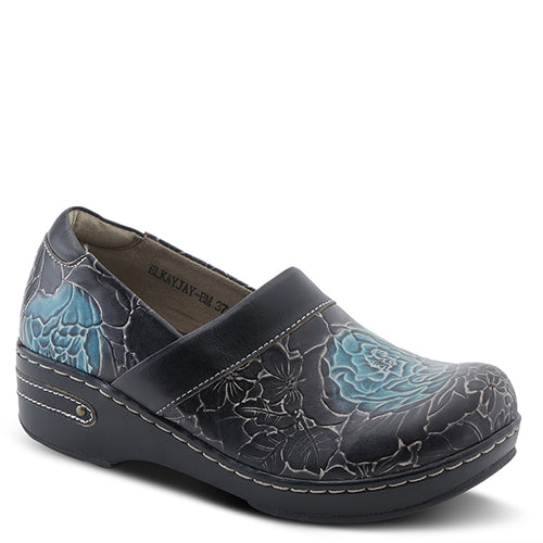 L'Artiste Elkajay Teal Floral Handpainted Leather Clogs