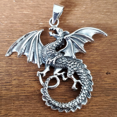 Flying Dragon Amulet .925 Sterling Silver Fantasy Charm Pendant