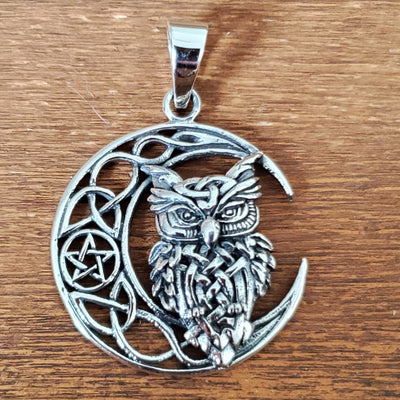 Owl on Celtic Moon Amulet .925 Sterling Silver Charm Pendant