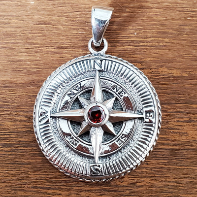 Garnet Compass Rose Amulet .925 Sterling Silver Charm Pendant