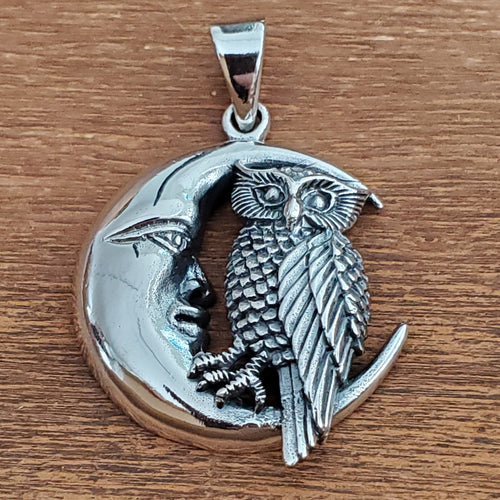 Night Owl on Moon Charm .925 Sterling Silver Pendant