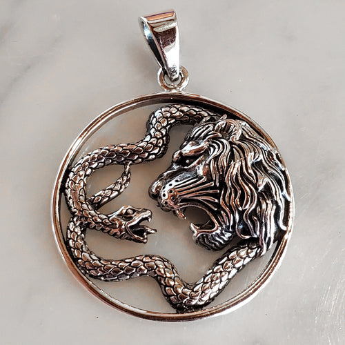 Chnoubis Lion Snake Amulet .925 Sterling Silver Charm Pendant