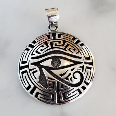 Eye of Horus Greek Key Amulet .925 Sterling Silver Charm Pendant