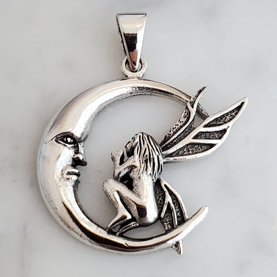 Fairy on Moon Amulet .925 Sterling Silver Charm Pendant