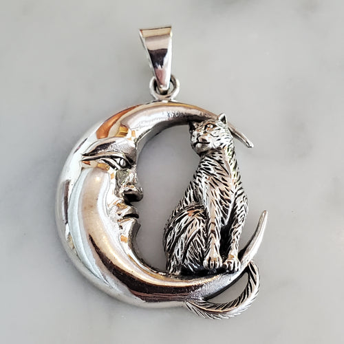 Cat on Moon Pendant .925 Sterling Silver Charm