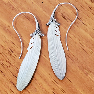 Carved Shell Feather Earrings from Bali