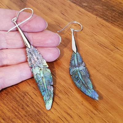 Carved Abalone Feather Boho Shell Earrings from Bali