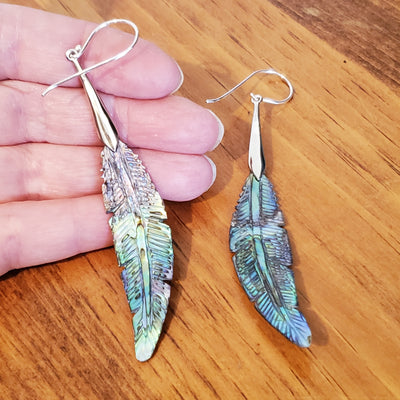 Carved Abalone Feather Boho Shell Earrings from Bali