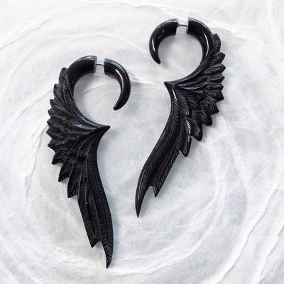 Black Angel Wings Feathers Fake Gauge Earrings Split Plug Tribal Jewelry