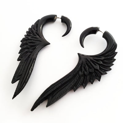 Black Angel Wings Feathers Fake Gauge Earrings Split Plug Tribal Jewelry