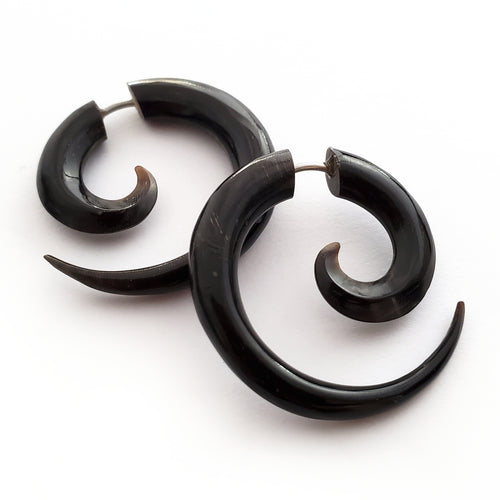 1" Spiral Hoop Fake Gauge Earrings Carved Black Cow Horn Split Plug