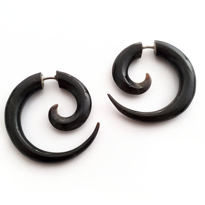 1" Spiral Hoop Fake Gauge Earrings Carved Black Cow Horn Split Plug
