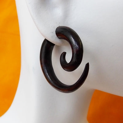 1" Natural Wood Spiral Hoop Fake Gauge Earrings Split Plug