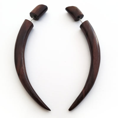 3" Long Taper Fake Gauge Earrings Carved Wood Split Plug