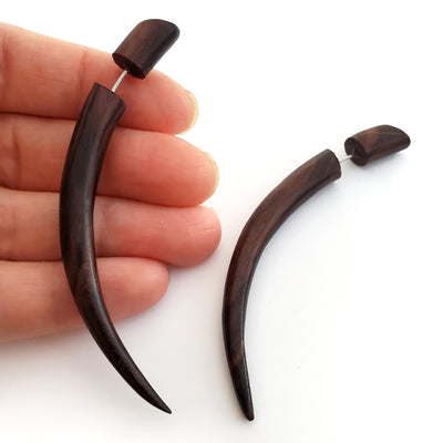 3" Long Taper Fake Gauge Earrings Carved Wood Split Plug
