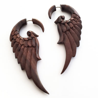 Wood Angel Wings Fake Gauge Earrings Split Plug Surfer Jewelry Gift