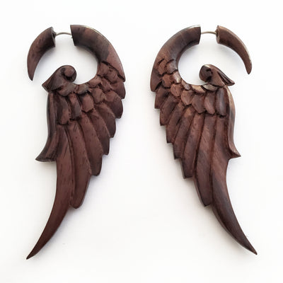 Wood Angel Wings Fake Gauge Earrings Split Plug Surfer Jewelry Gift