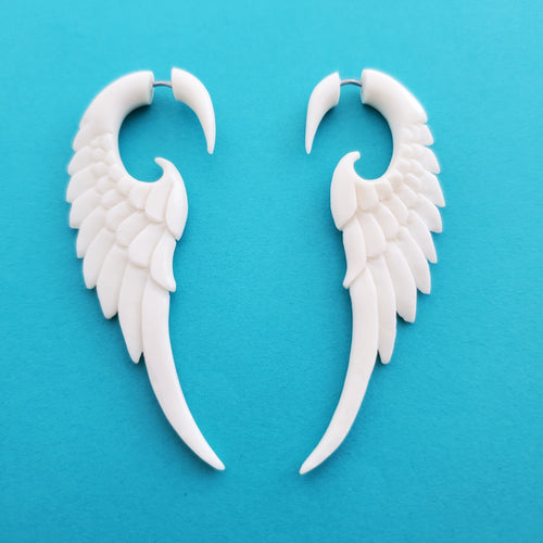 White Angel Wings Fake Gauge Earrings Split Plug Surfer Jewelry Gift