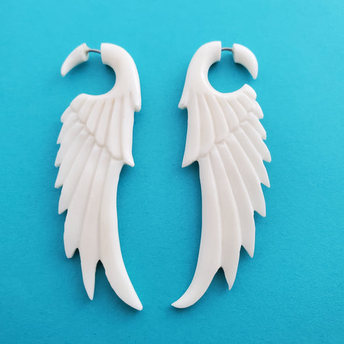 White Wings Fake Gauge Earrings Split Plug Surfer Jewelry Angel Gift