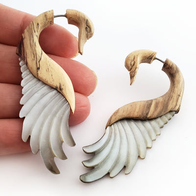 Swans Fake Gauge Earrings Carved Wood Gray Shell Boho Beach Jewelry