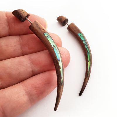 Abalone Inlay Wood Taper Boho Split Gauge Jacket Earrings