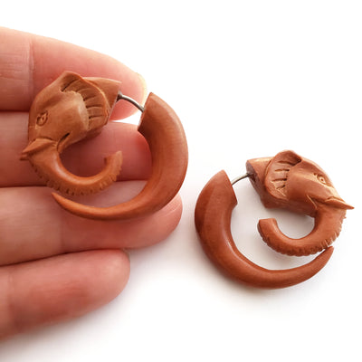 Carved Wood Elephant Boho Hoop Fake Gauge Earrings