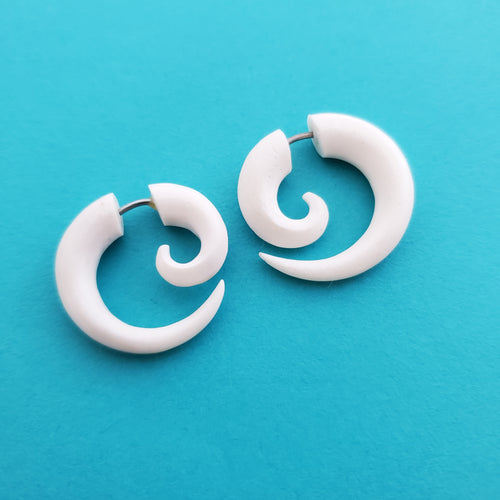 Mini White Spiral Double Sided Split Gauge Jacket Earrings