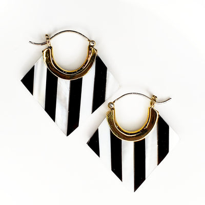 Carved Black and White Stripe Shell Earrings with .925 Sterling Silver Hook