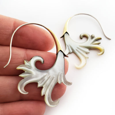 Carved Gray Shell Earrings with .925 Sterling Silver Hook