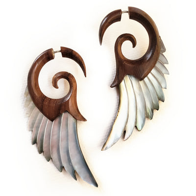 Carved Angel Wings Fake Gauge Earrings Dark Wood Gray Shell