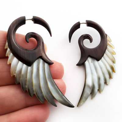 Carved Angel Wings Fake Gauge Earrings Dark Wood Gray Shell