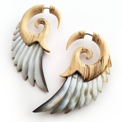Carved Angel Wings Fake Gauge Earrings Boho Wood and Shell