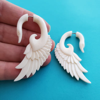 White Swan Fake Gauge Earrings Split Plug Surfer Beach Jewelry