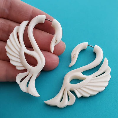 Swan Fake Gauge Earrings White Split Plug Surfer Beach Jewelry